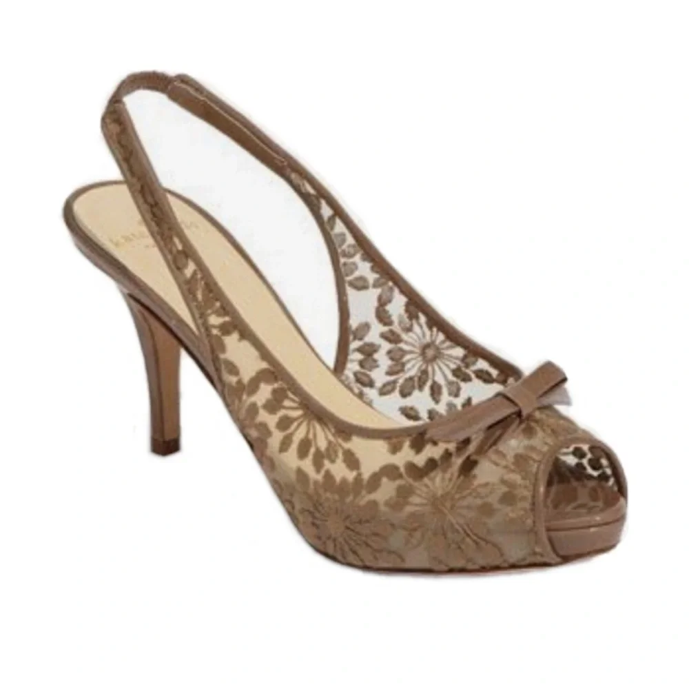 Kate Spade Daisy Mesh Patent Bow Heeled Shoes Open Toe Taupe Sz 7.5